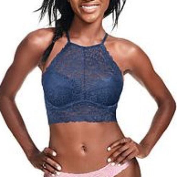 PINK Victoria's Secret Wildflower Lace Bralette Halter Neck Design Push Up -M - Picture 2 of 11